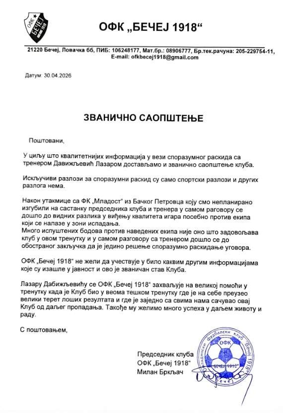 Rukovodstvo Ofk Becej Izdalo Saopstenje Povodom Razlaza Sa Trenerom Lazarom Dabizljevicem